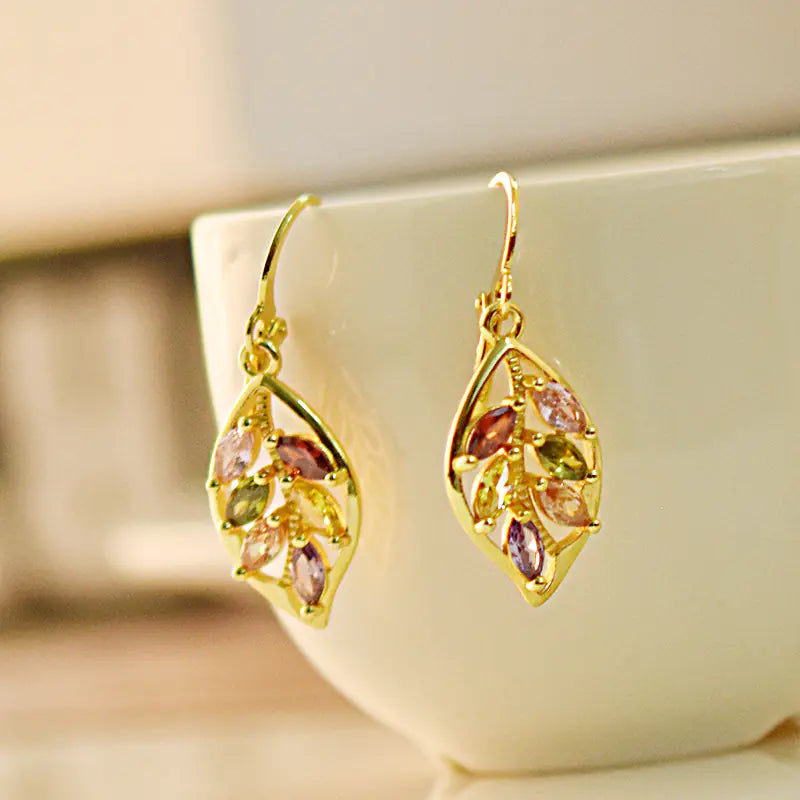 Gold Leaf Earrings with Gemstones
