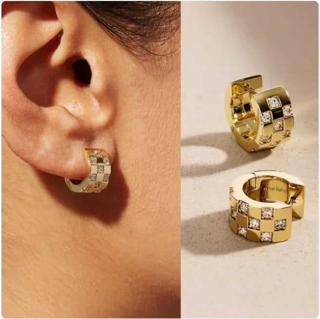 Gold Checkered Stud Earrings
